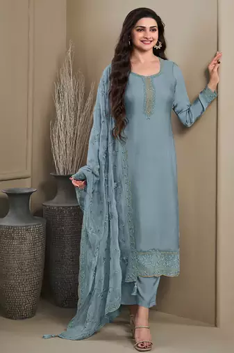wedding wear sky blue crep silk straight suit for women-Full Stitched free size