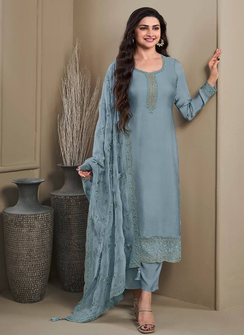 new wedding wear sky blue crep silk straight suit for women