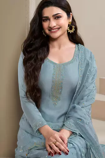  sky blue crep silk straight suit for women-Full Stitched free size