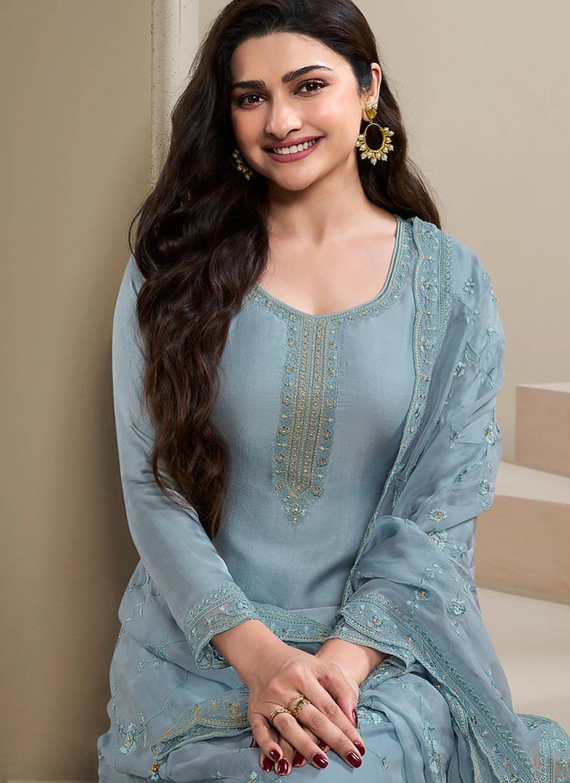 new wedding wear sky blue crep silk straight suit for women