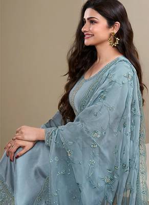 sky blue crep silk straight suit for women-Full Stitched free size 3