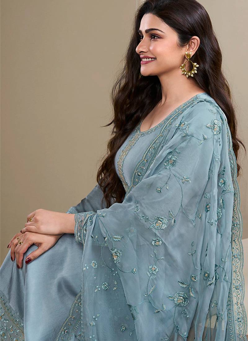 new wedding wear sky blue crep silk straight suit for women