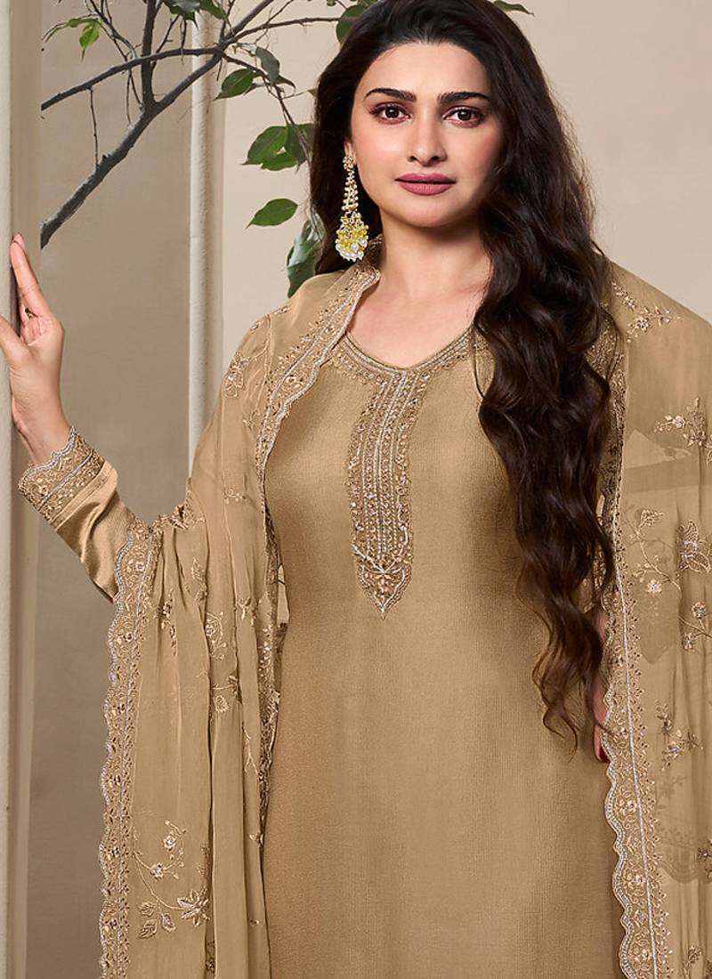 new wedding wear brown crep silk straight suit for women