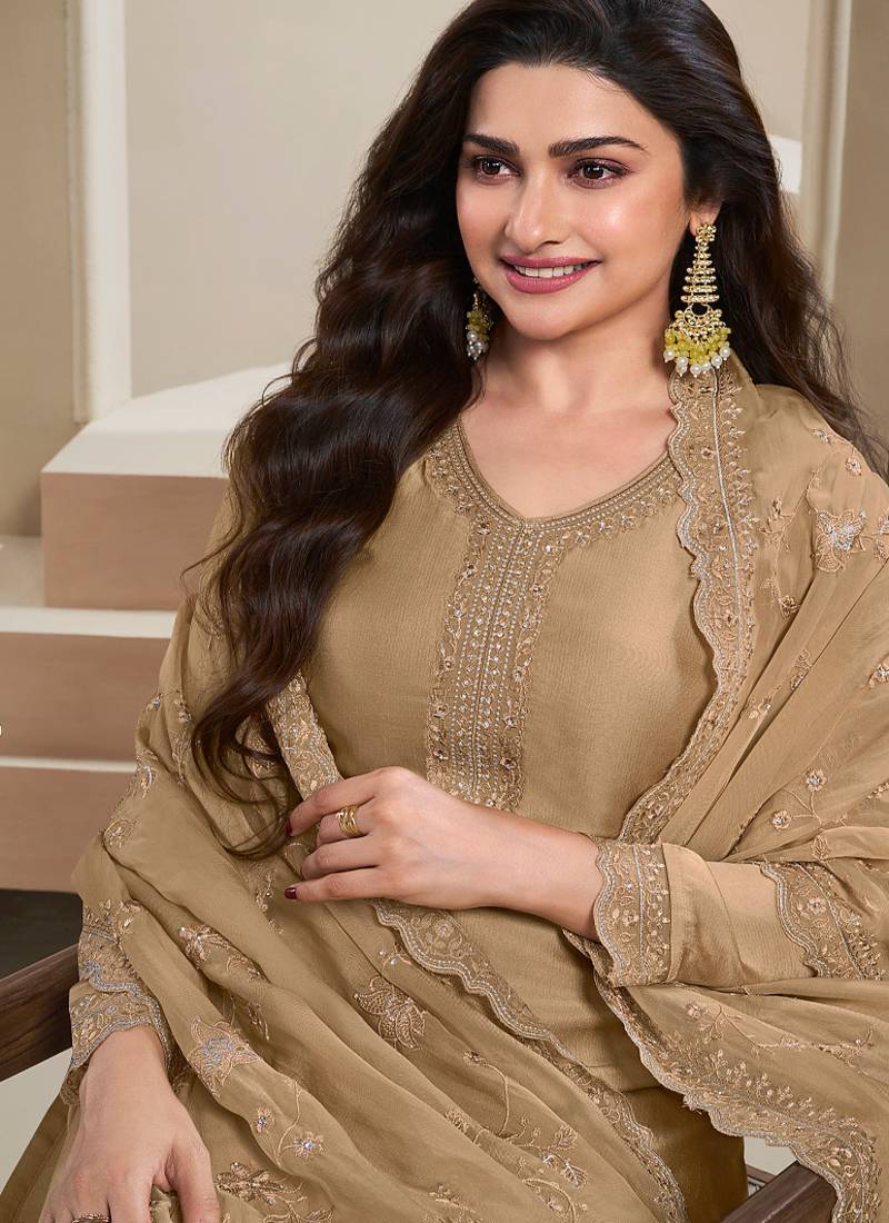 new wedding wear brown crep silk straight suit for women