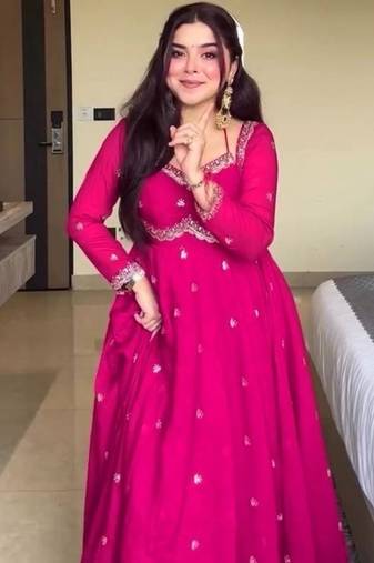 pink love georgette anarkali set with embroidered dupatta & sequence detailing