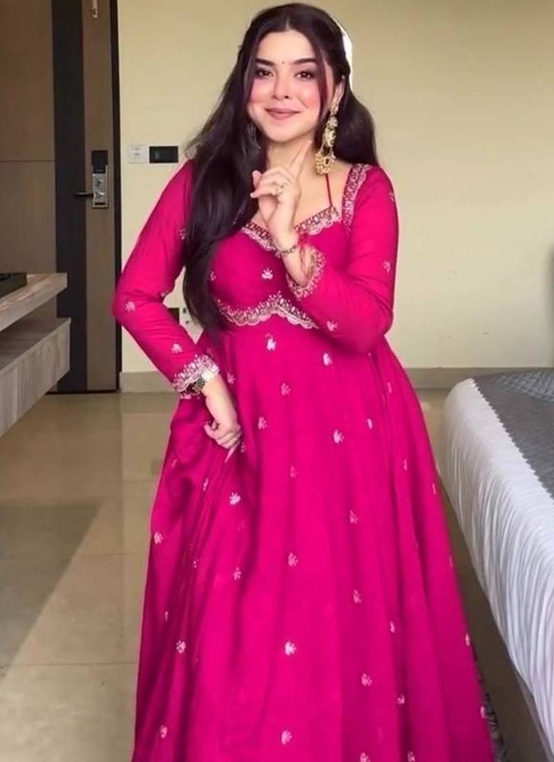 pink love georgette anarkali set with embroidered dupatta & sequence detailing