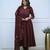 Floral embroidered maroon v neck cotton kurta with trouser & dupatta set