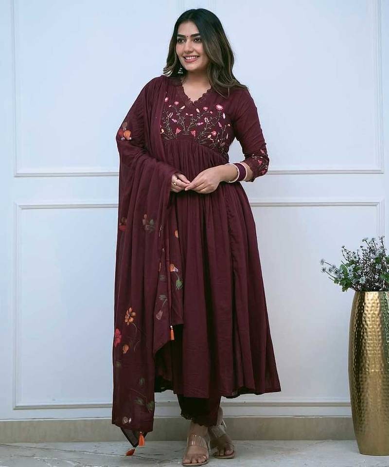 Floral embroidered maroon v neck cotton kurta with trouser & dupatta set