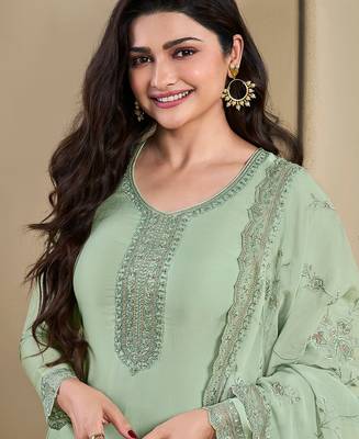 pista green crep silk straight suit for women-Full Stitched free size 3