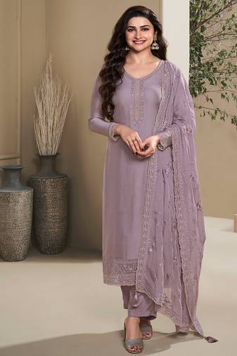new wedding wear lilac crep silk straight suit for women