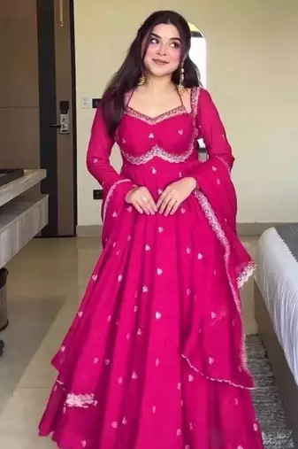 pink love georgette anarkali set with embroidered dupatta & sequence detailing