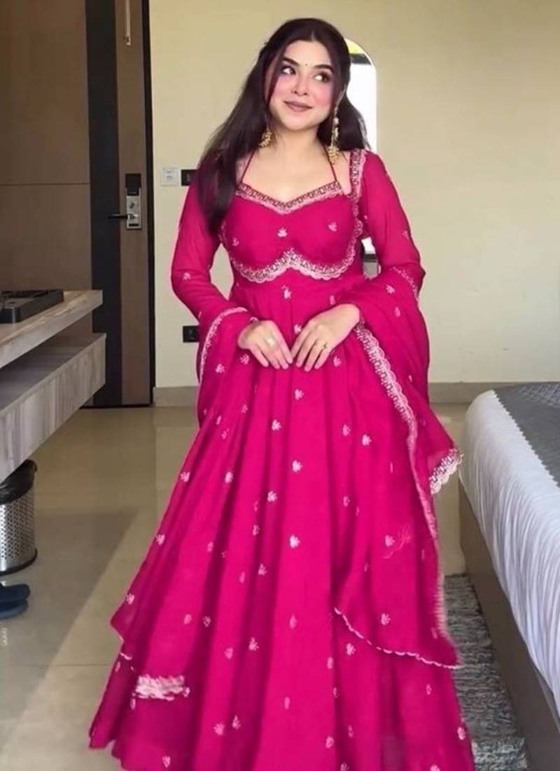 pink love georgette anarkali set with embroidered dupatta & sequence detailing