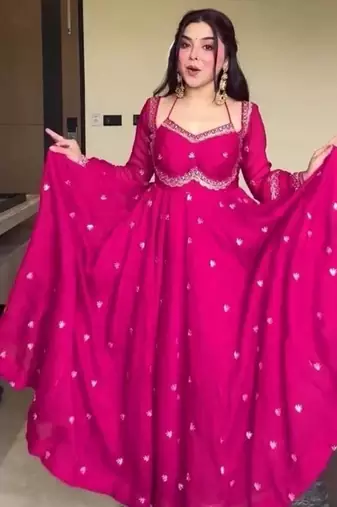 pink love georgette anarkali set with embroidered dupatta & sequence detailing