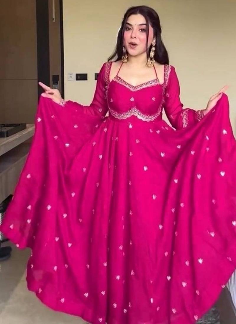 pink love georgette anarkali set with embroidered dupatta & sequence detailing