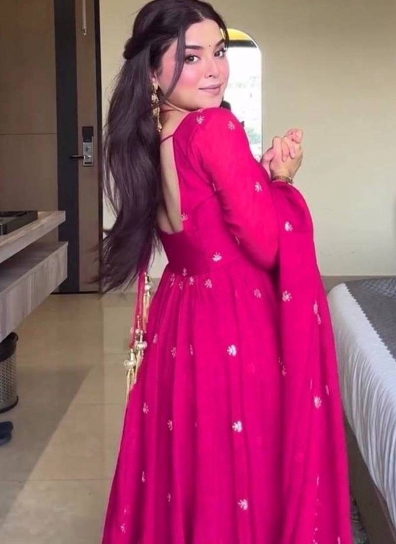 pink love georgette anarkali set with embroidered dupatta & sequence detailing