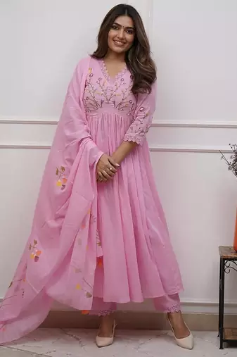 Floral embroidered pink v neck cotton kurta with trouser & dupatta set