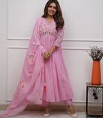 Floral embroidered pink v neck cotton kurta with trouser & dupatta set