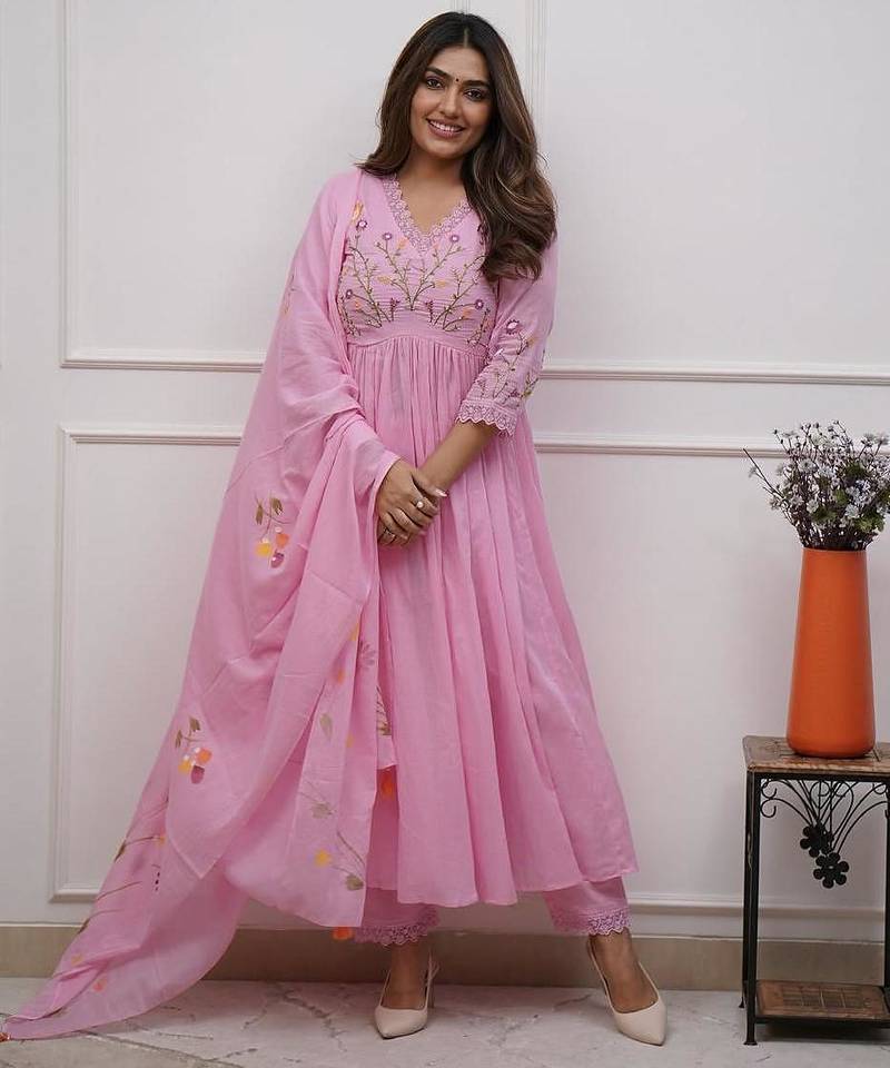 Floral embroidered pink v neck cotton kurta with trouser & dupatta set