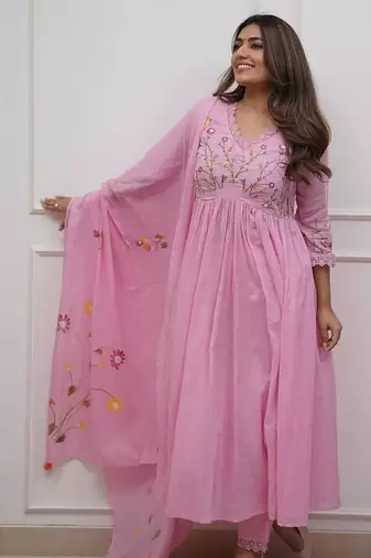 Floral embroidered pink v neck cotton kurta with trouser & dupatta set