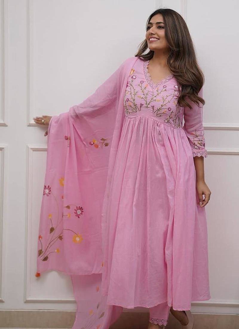 Floral embroidered pink v neck cotton kurta with trouser & dupatta set