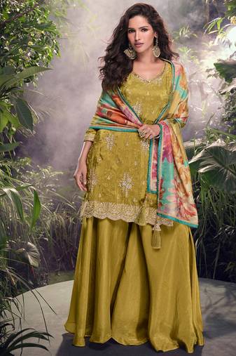 special party wear simar silk mustard gharara suit set for women-Full Stitched free size