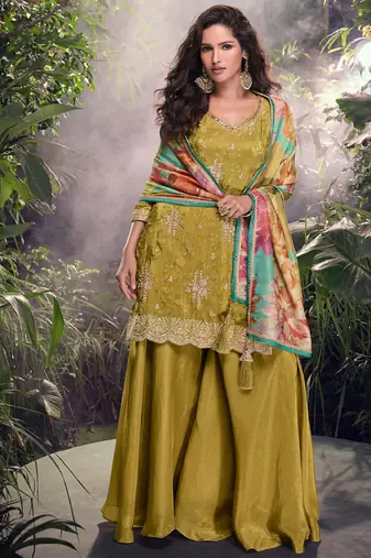 special party wear simar silk mustard gharara suit set for women-Full Stitched free size