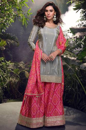 special party wear simar silk grey gharara suit set for women-Full Stitched free size