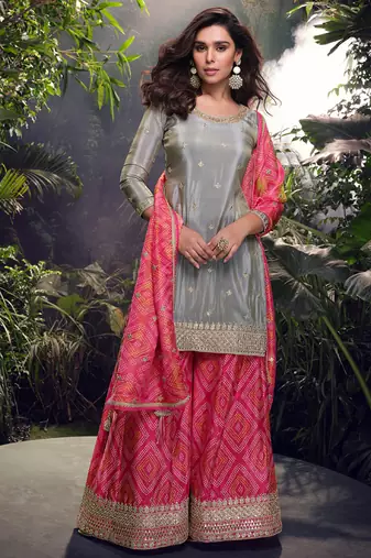 special party wear simar silk grey gharara suit set for women-Full Stitched free size