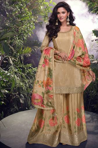 special party wear simar silk beige gharara suit set for women-Full Stitched free size