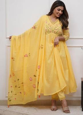 Floral embroidered yellow v neck cotton kurta with trouser & dupatta set 1