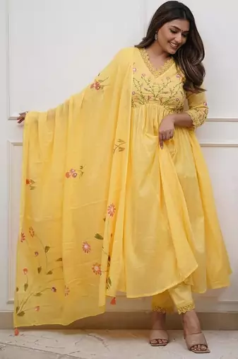 Floral embroidered yellow v neck cotton kurta with trouser & dupatta set