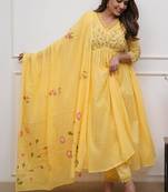 Floral embroidered yellow v neck cotton kurta with trouser & dupatta set