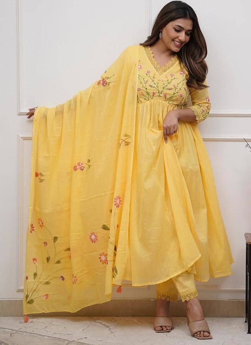 Floral embroidered yellow v neck cotton kurta with trouser & dupatta set