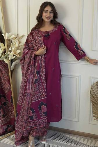 Floral embroidered purple round neck cotton kurta with trouser & dupatta set