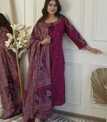 Floral embroidered purple round neck cotton kurta with trouser & dupatta set