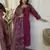Floral embroidered purple round neck cotton kurta with trouser & dupatta set