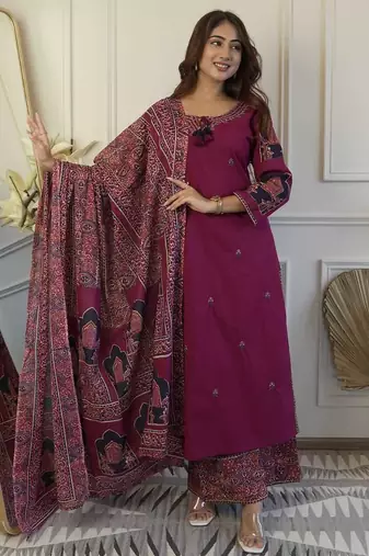 Floral embroidered purple round neck cotton kurta with trouser & dupatta set