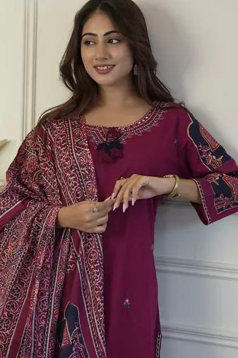 Floral embroidered purple round neck cotton kurta with trouser & dupatta set