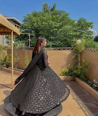 BLACK Designer faux blooming sharara set with heavy sequins & thread embroidery work 5