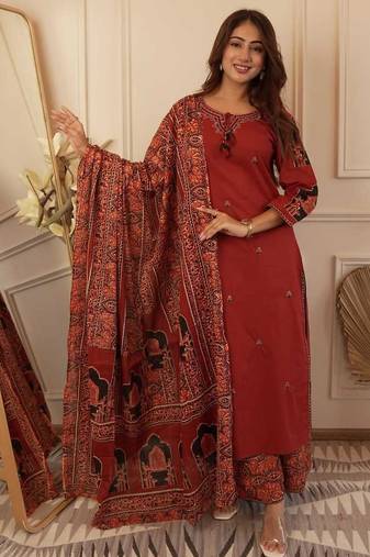 Floral embroidered brown round neck cotton kurta with trouser & dupatta set