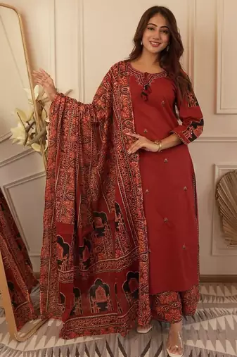 Floral embroidered brown round neck cotton kurta with trouser & dupatta set