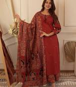 Floral embroidered brown round neck cotton kurta with trouser & dupatta set