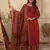 Floral embroidered brown round neck cotton kurta with trouser & dupatta set