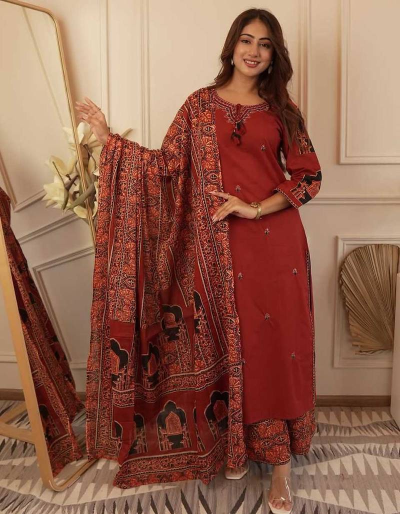 Floral embroidered brown round neck cotton kurta with trouser & dupatta set