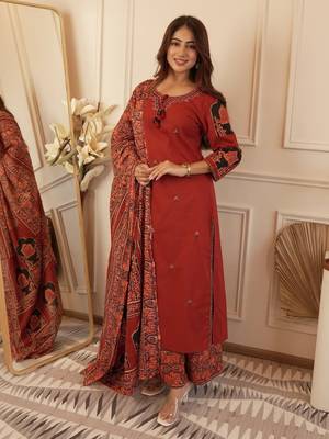 Floral embroidered brown round neck cotton kurta with trouser & dupatta set 2