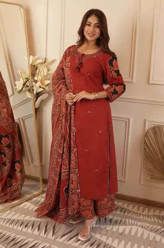 Floral embroidered brown round neck cotton kurta with trouser & dupatta set