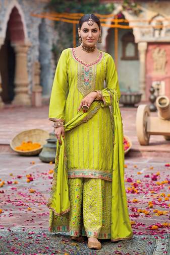 palazzo suit for women chinon embroidered parrot green-Full Stitched free size