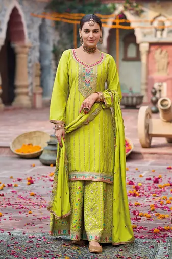 palazzo suit for women chinon embroidered parrot green-Full Stitched free size