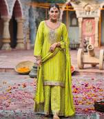 palazzo suit for women chinon embroidered parrot green-Full Stitched free size