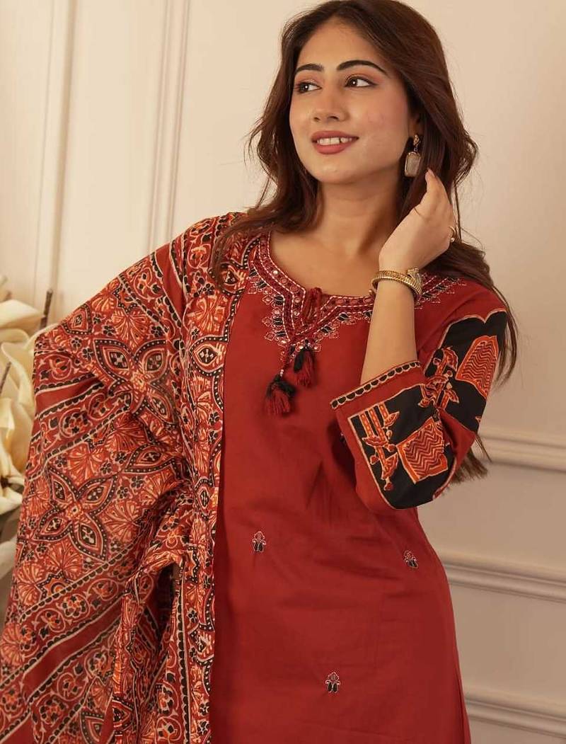 Floral embroidered brown round neck cotton kurta with trouser & dupatta set